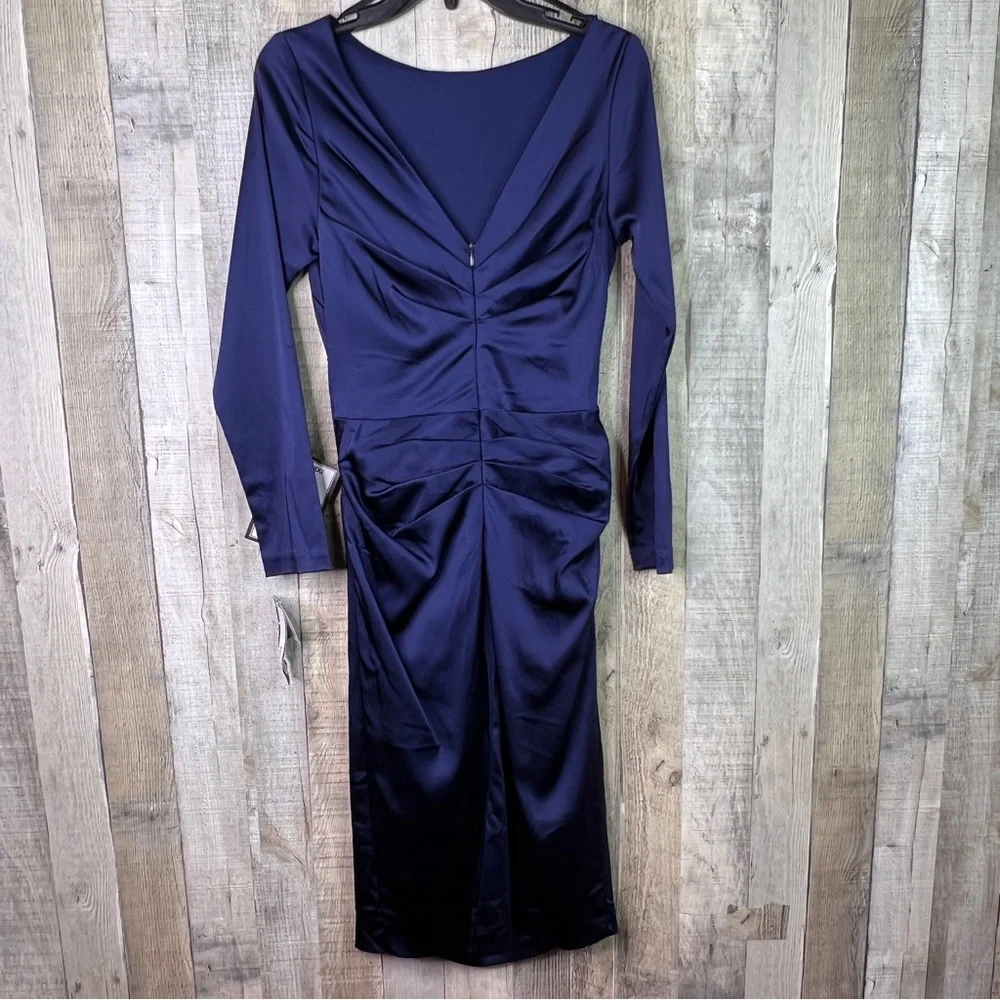 Betsy & Adam Sz. 10 Navy Blue Stretch Satin Lined Long Sleeve Form Fitti… - Picture 3 of 14
